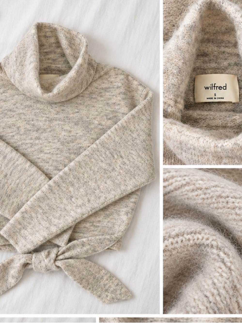 Wilfred Oatmeal Tie-Waist Cropped Turtleneck Sweater
